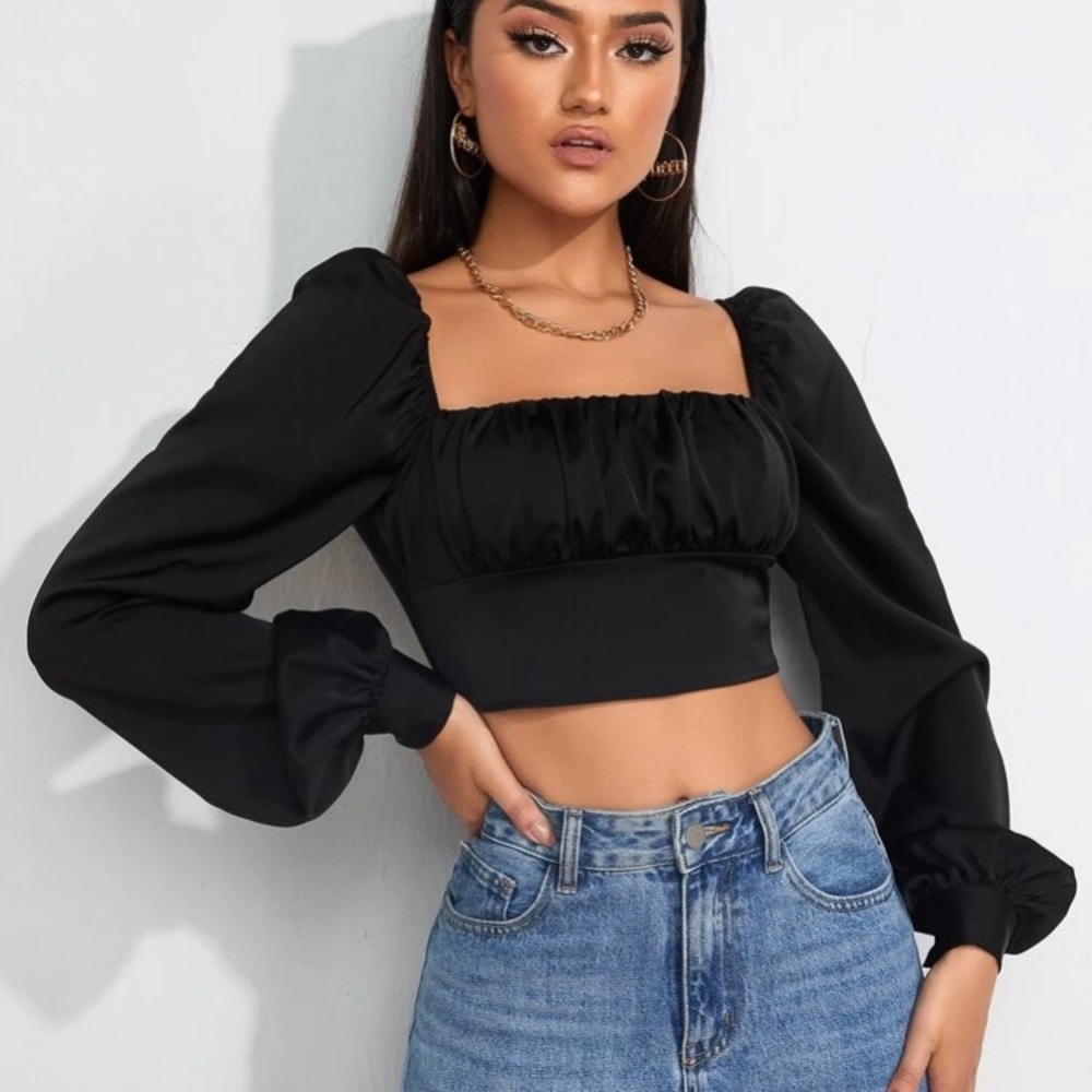 NWT Shein Square Neck Lantern Sleeve Cropped Blouse